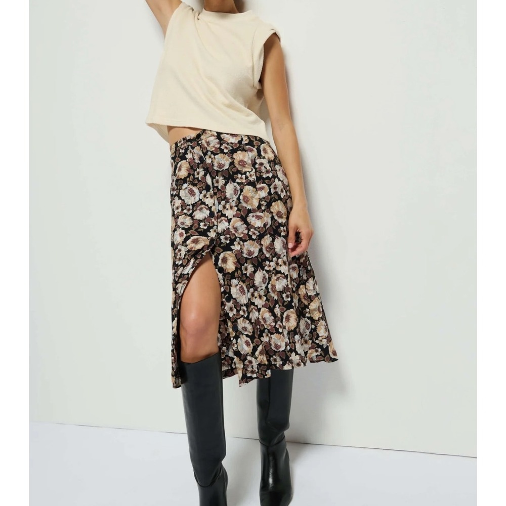 Nation LTD Los Angeles  Belinda Floral Midi Skirt Brown Tan Button Front S